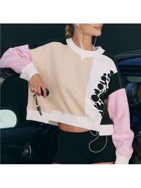 Free People Movement Intercept Color block Cropped Sweatshirt Black Pink medium